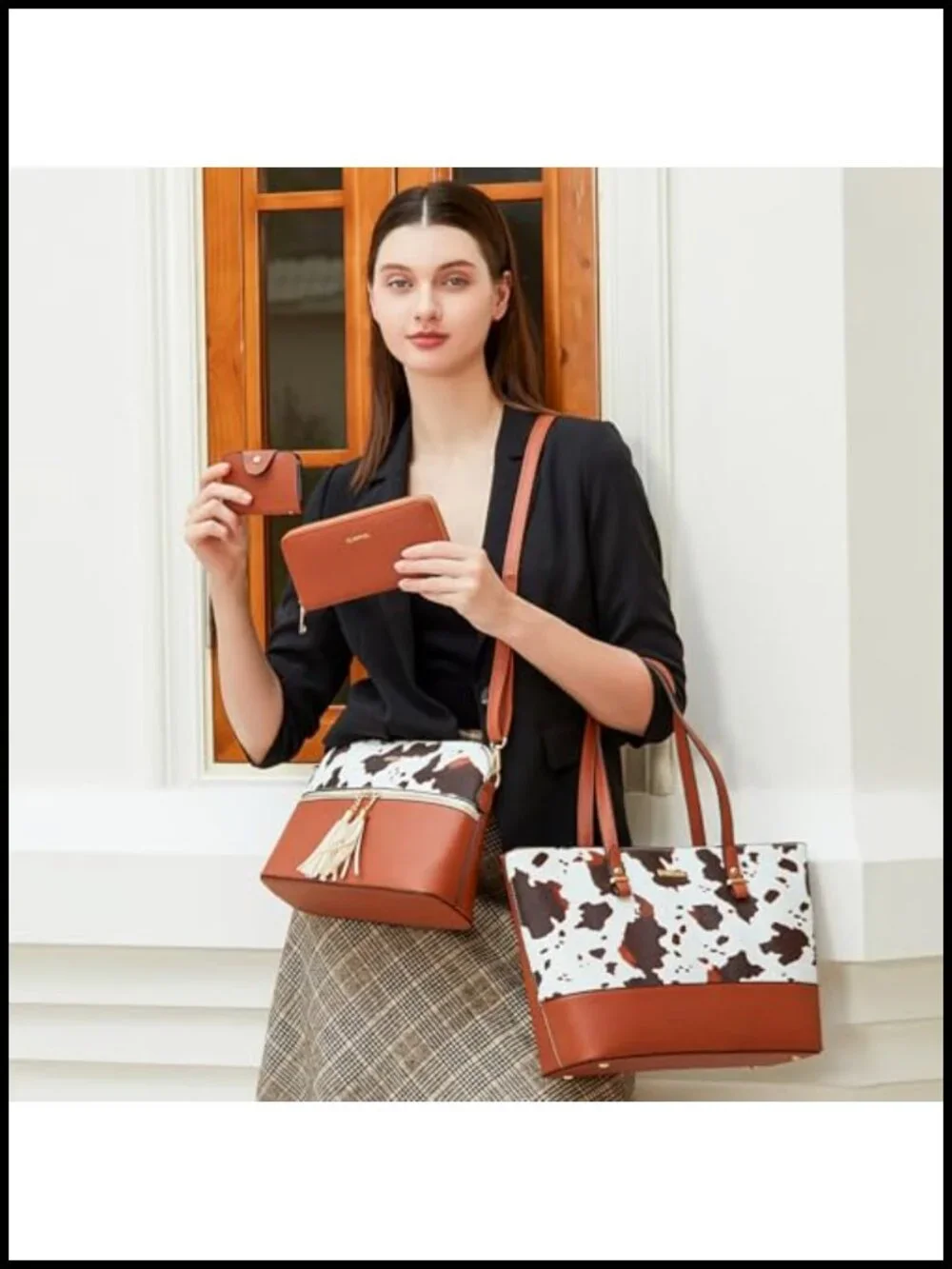 Faux Leather Satchel Tote Handbag Set with Wallet Clutch Card Holder